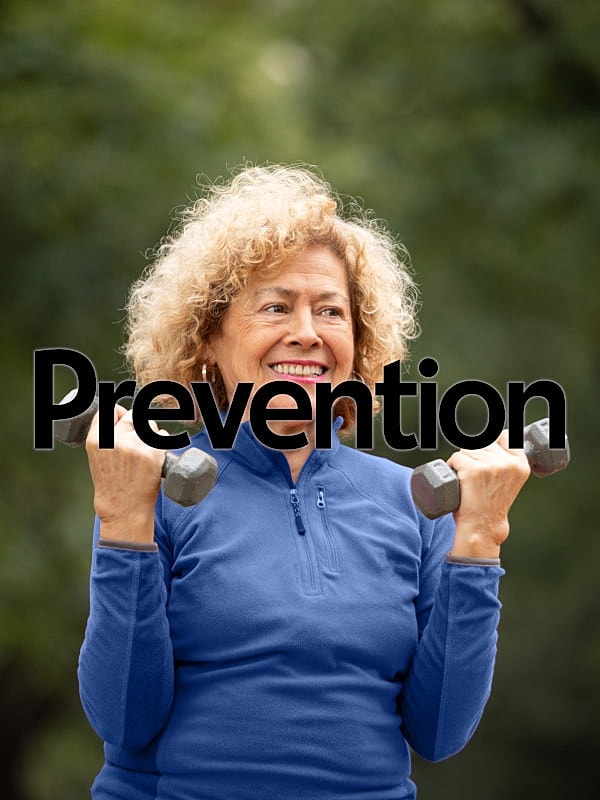 Older woman lifting weights outdoors, promoting health.