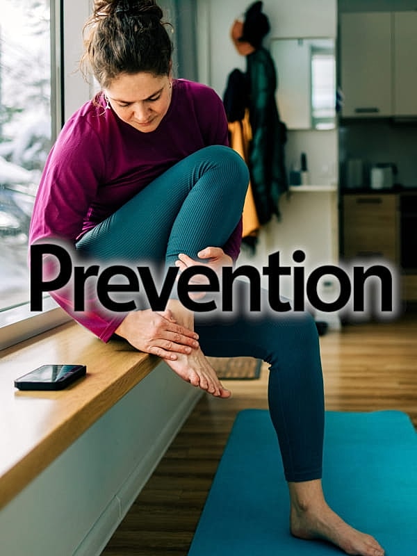 Woman practicing injury prevention exercises at home.